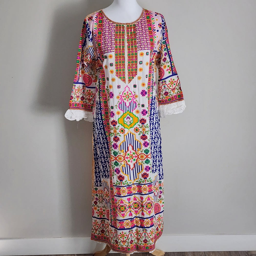 Sailor Kurta Maxi Dress Womens XL Multicolor Floral Geometric Embellished Boho